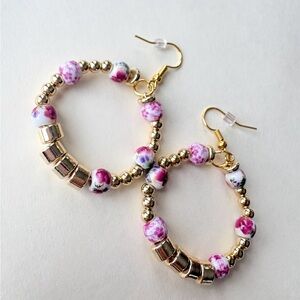 Gold and Pink Beaded Hoop Earrings
